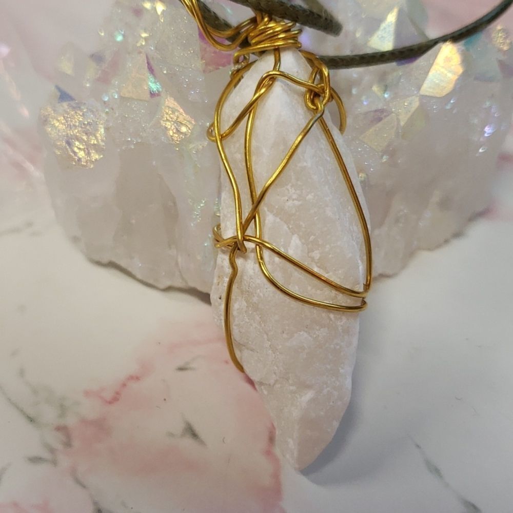 Milky Quartz  Handcrafted Cord Necklace Goldtone wire 16" length w 1" e…